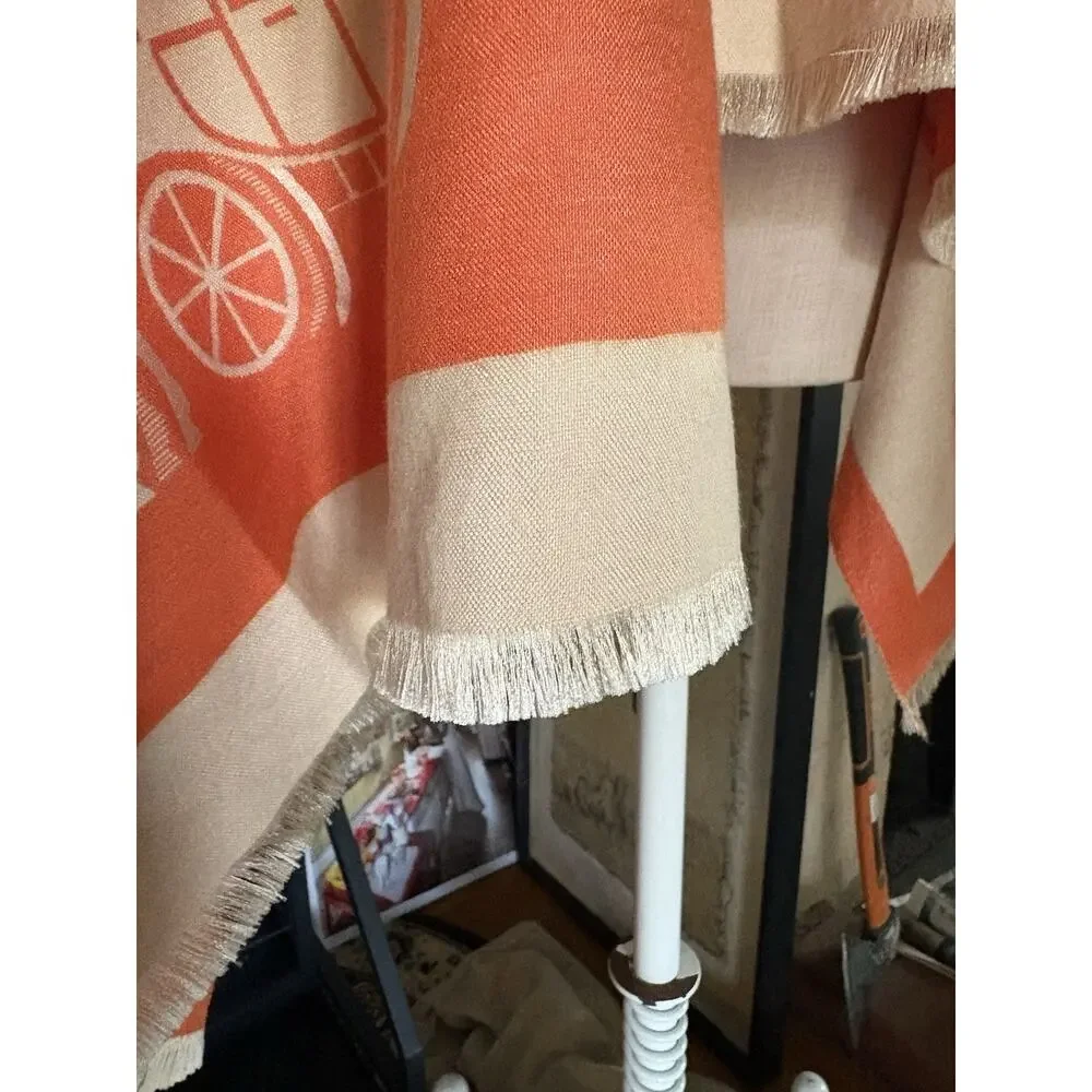 Oversized Cashmere Wrap Shawl Orange Ivory Equestrian Reversible Fringe Scarf
